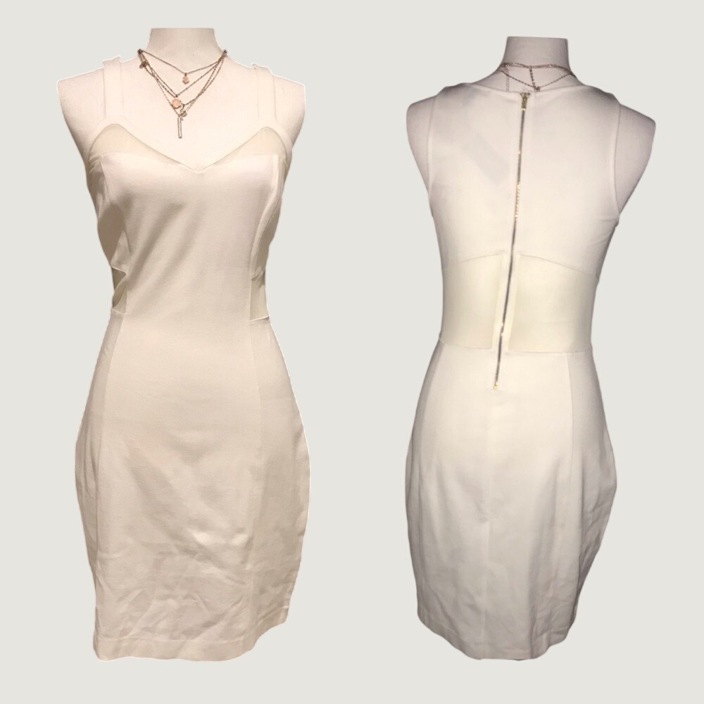 Express Classic White Bodycon Sleepless Sheath Dress with Mesh Accent & Back Zip - Picture 2 of 13